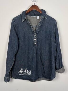 d&co Denim Tunic Blouse Horse Print Ranch Print Decal 100% Cotton Size Medium